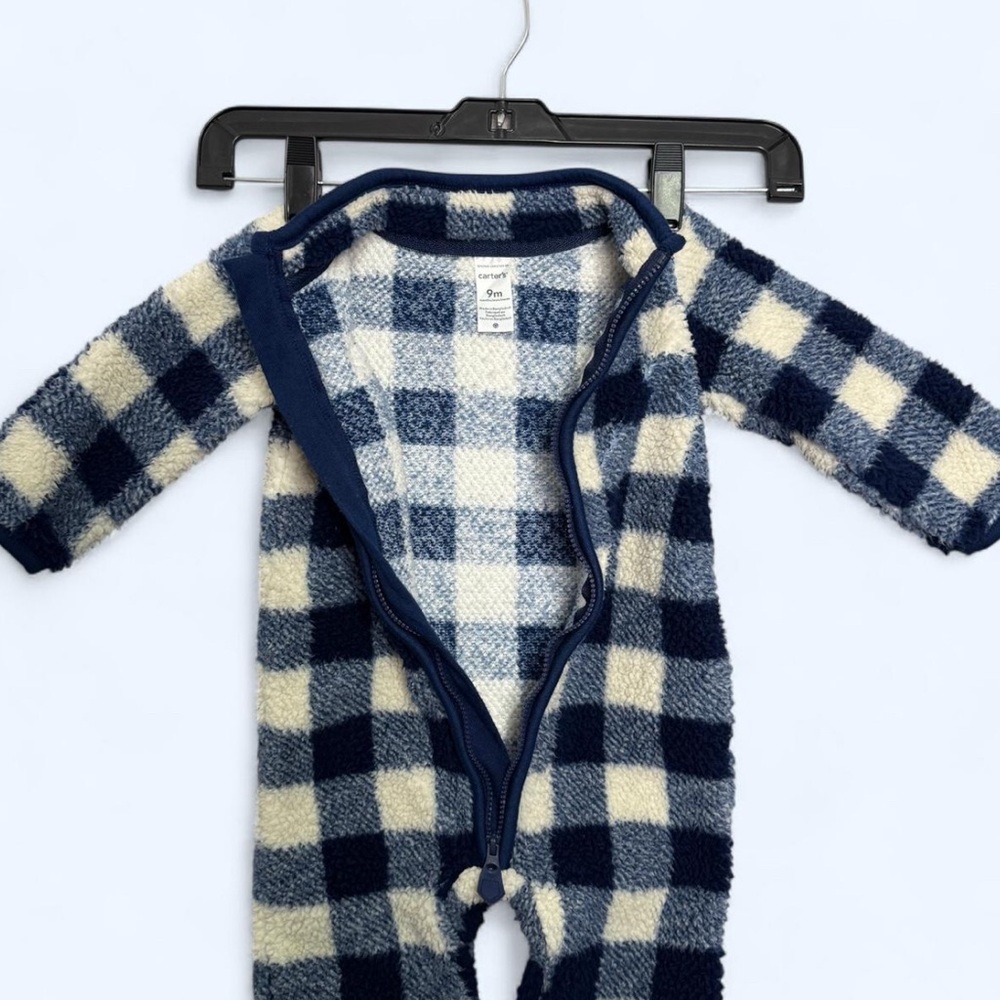 Carter's Baby Bodysuit Sz 9 Months‎ Blue White Plaid Checkered Winter Fleece Zip - Picture 2 of 4